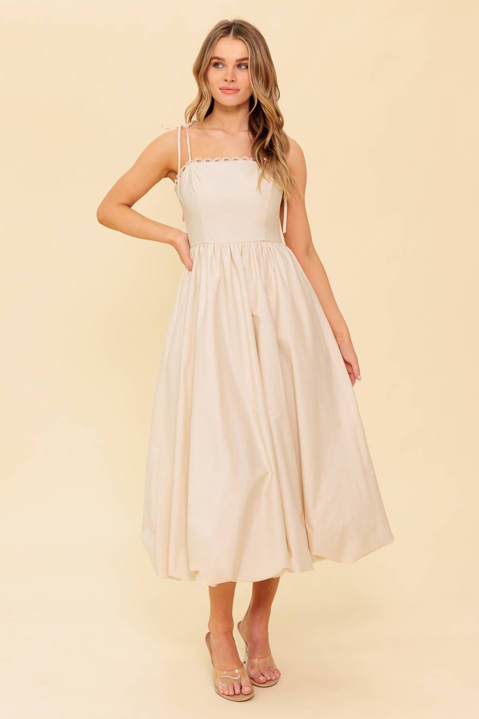 REGAL CUTIE BUBBLE HEM MIDI DRESS CREAM