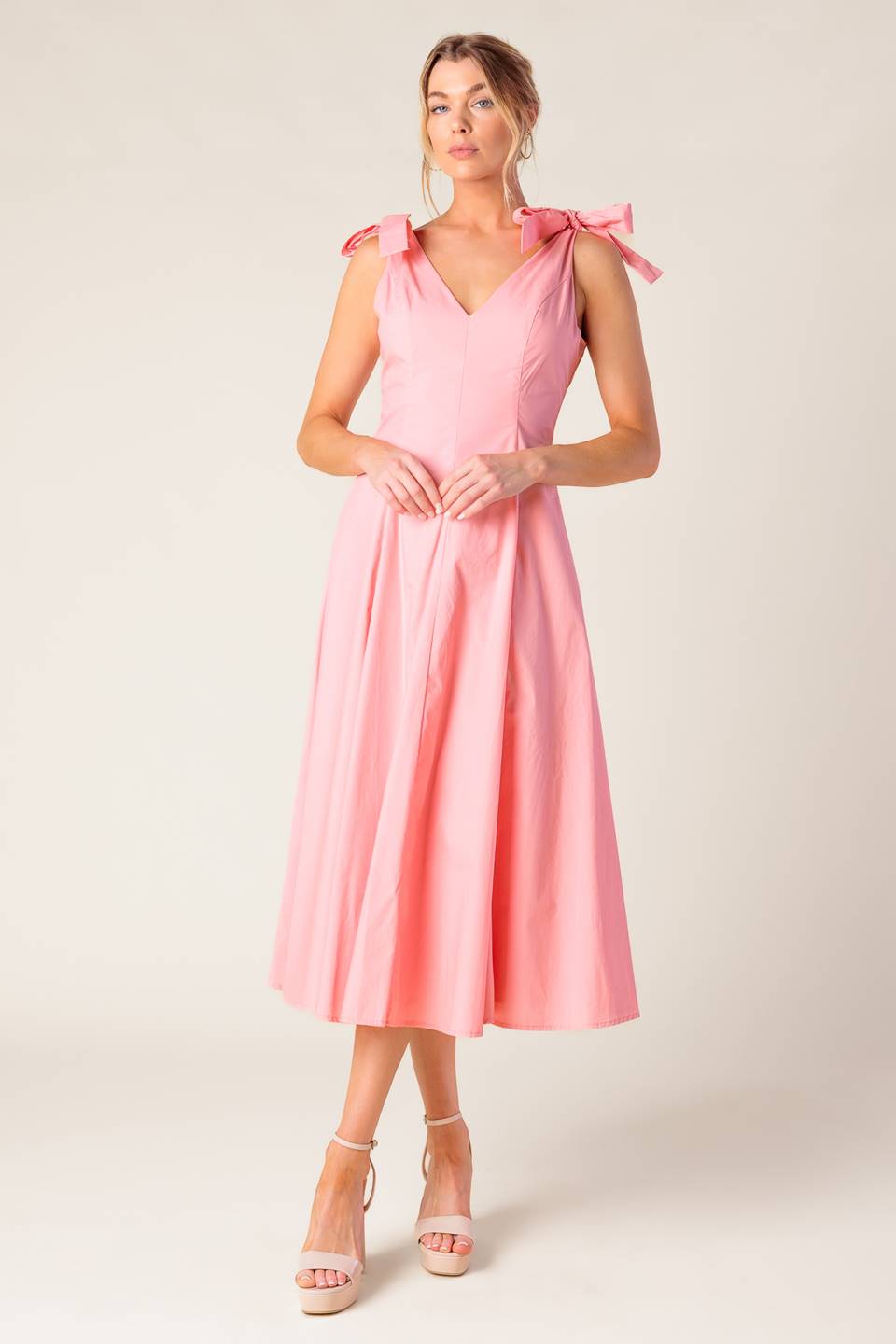 SWEET NOTHINGS SHOULDER BOW MIDI DRESS PEACH