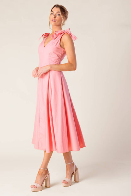 SWEET NOTHINGS SHOULDER BOW MIDI DRESS PEACH