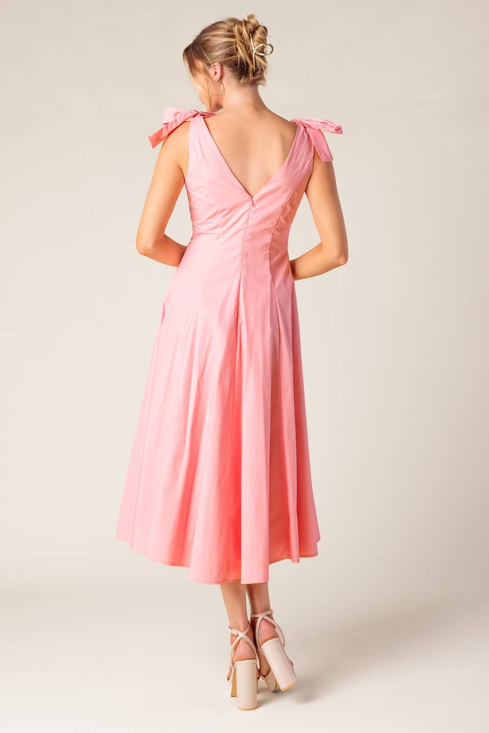 SWEET NOTHINGS SHOULDER BOW MIDI DRESS PEACH