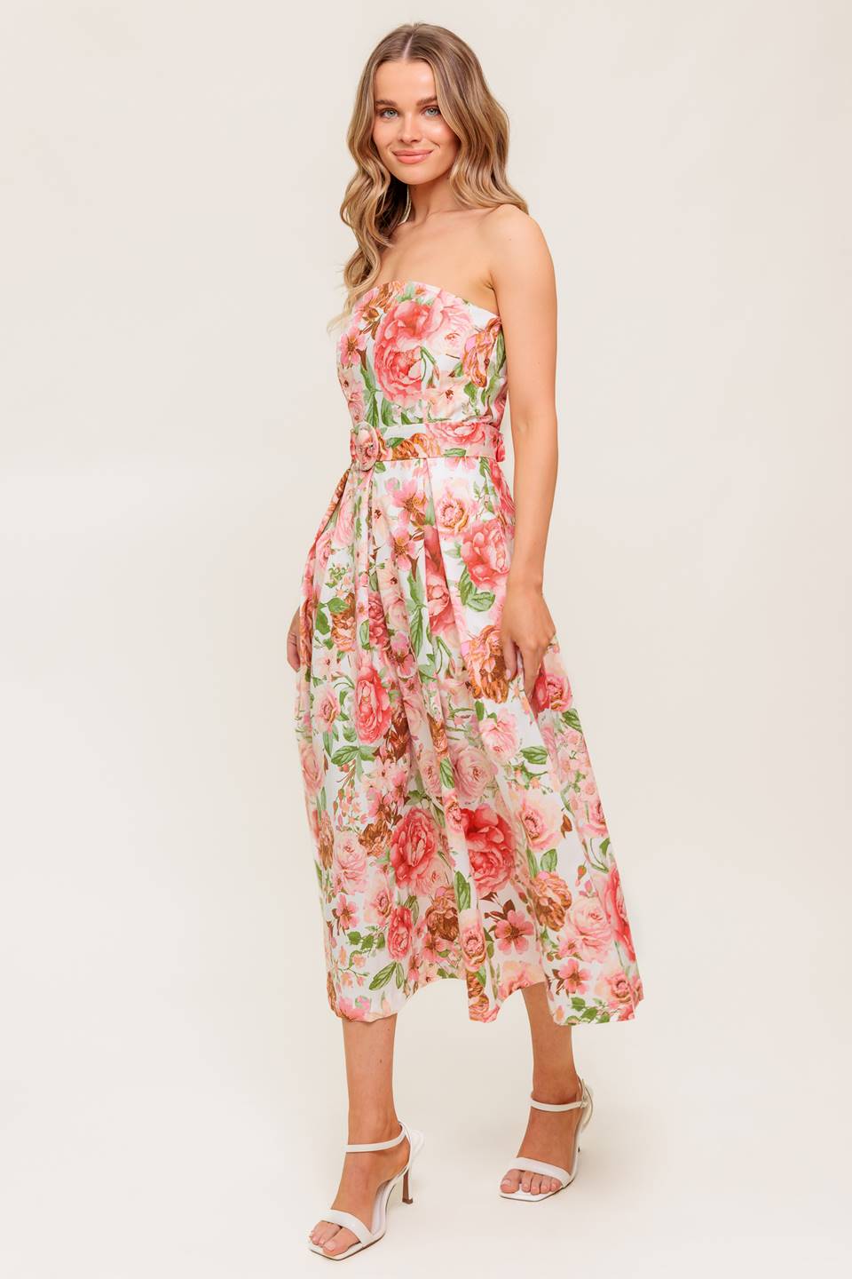 DAWN STRAPLESS MIDI DRESS PINK FLORAL