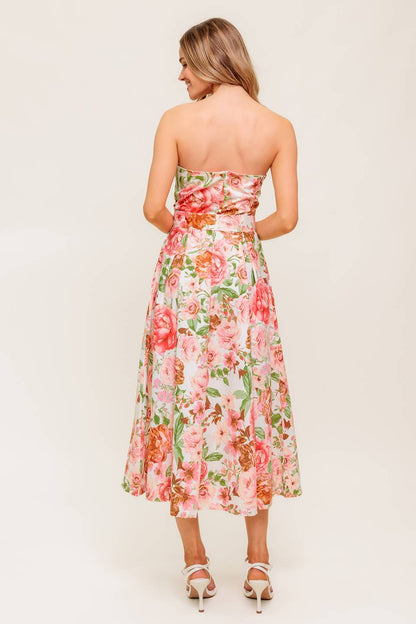 DAWN STRAPLESS MIDI DRESS PINK FLORAL