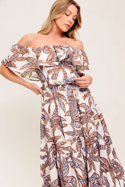 PALM TREE GARDEN OFF THE SHOULDER MIDI DRESS