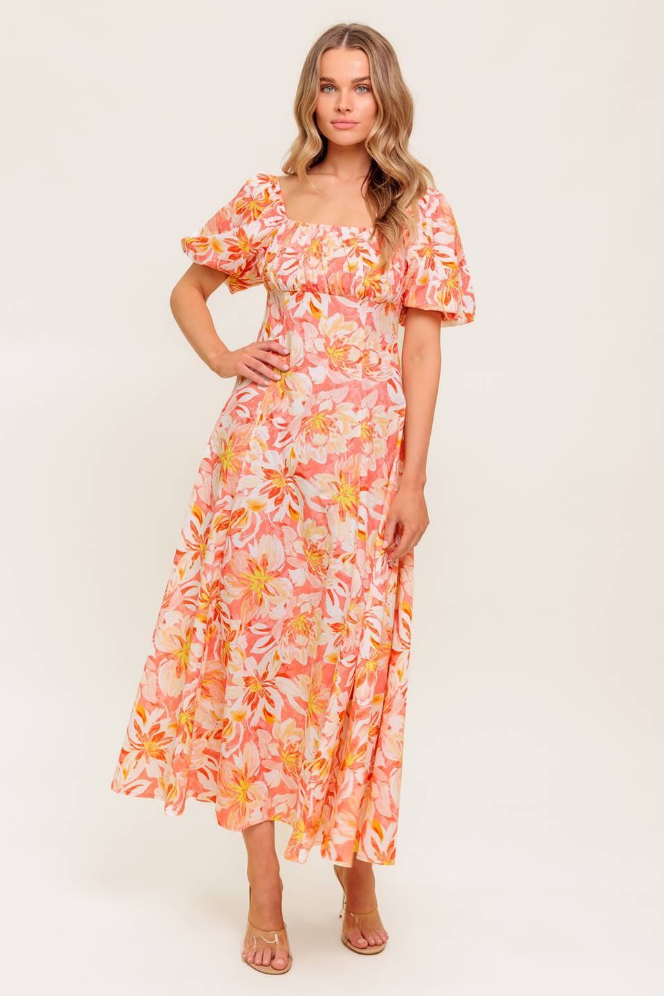 ISLAND FLOWERS PUFF SLEEVE MIDI DRESS CORAL