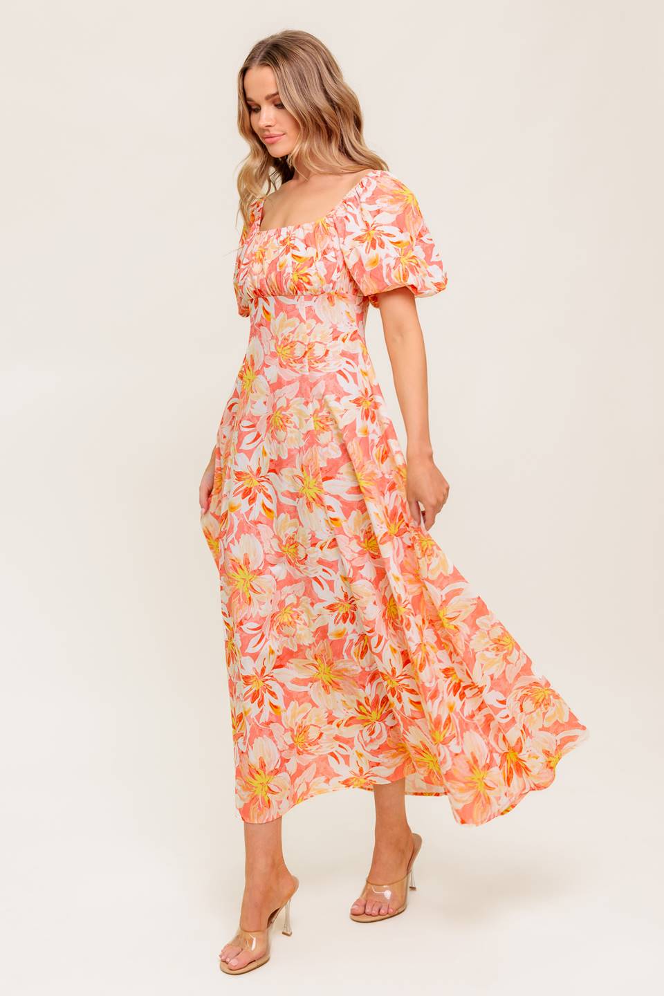 ISLAND FLOWERS PUFF SLEEVE MIDI DRESS CORAL FINAL