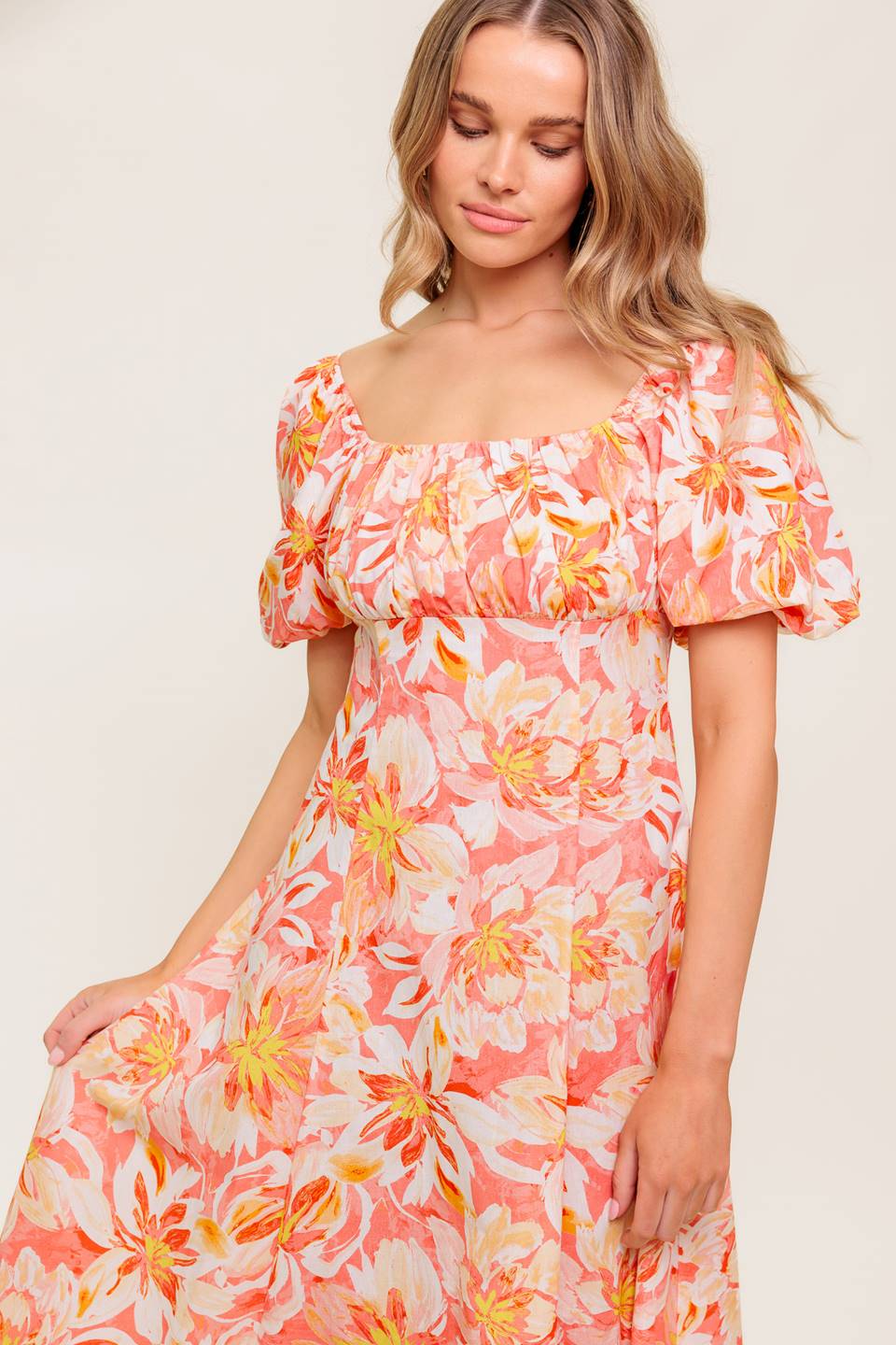 ISLAND FLOWERS PUFF SLEEVE MIDI DRESS CORAL FINAL