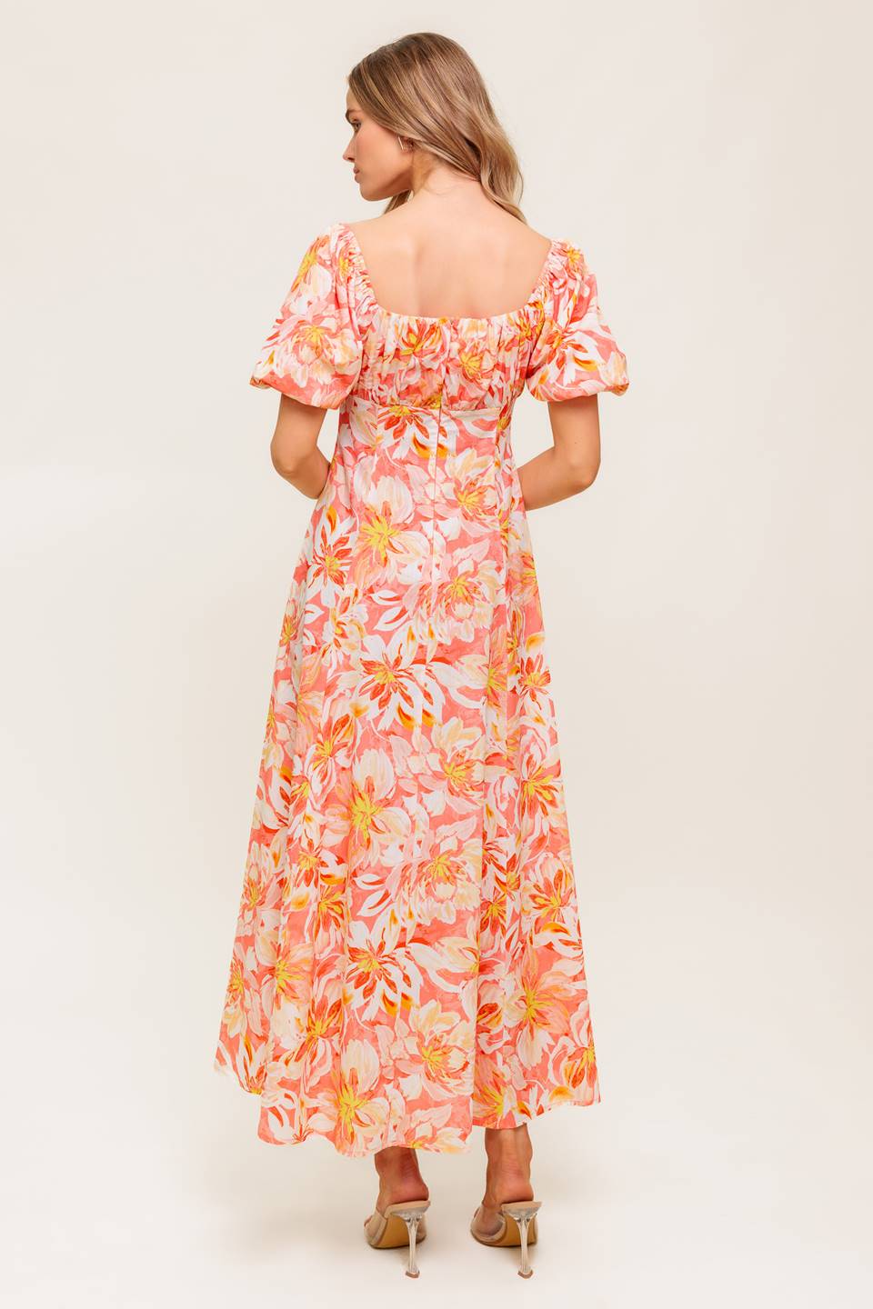 ISLAND FLOWERS PUFF SLEEVE MIDI DRESS CORAL FINAL