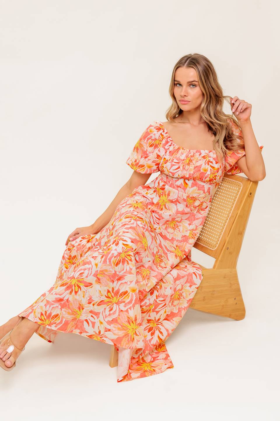 ISLAND FLOWERS PUFF SLEEVE MIDI DRESS CORAL FINAL