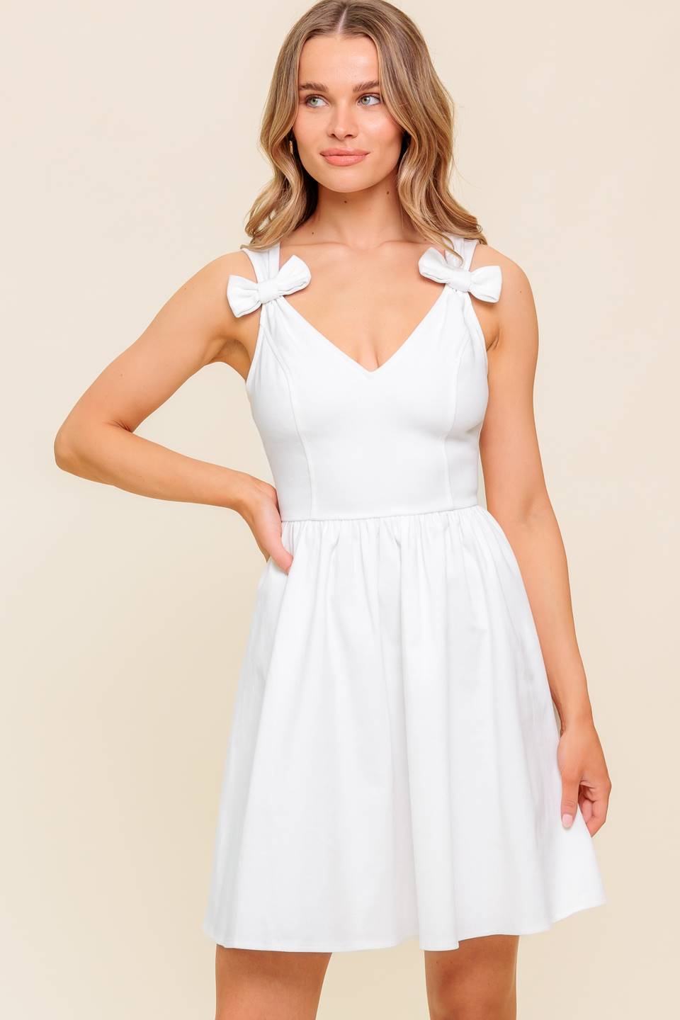 CHARMING CHIC WHITE DENIM MINI DRESS WITH BOWS