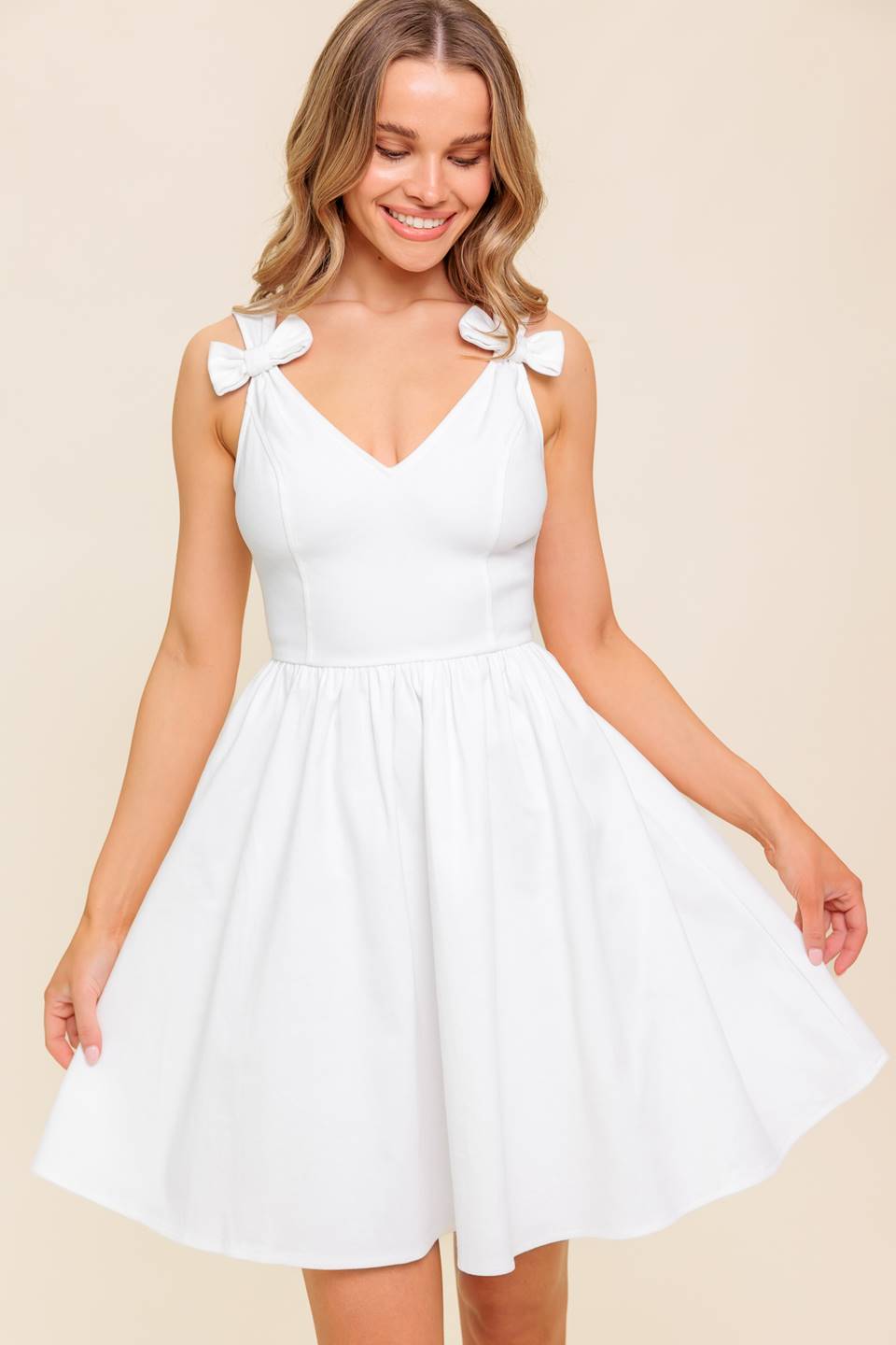 CHARMING CHIC WHITE DENIM MINI DRESS WITH BOWS