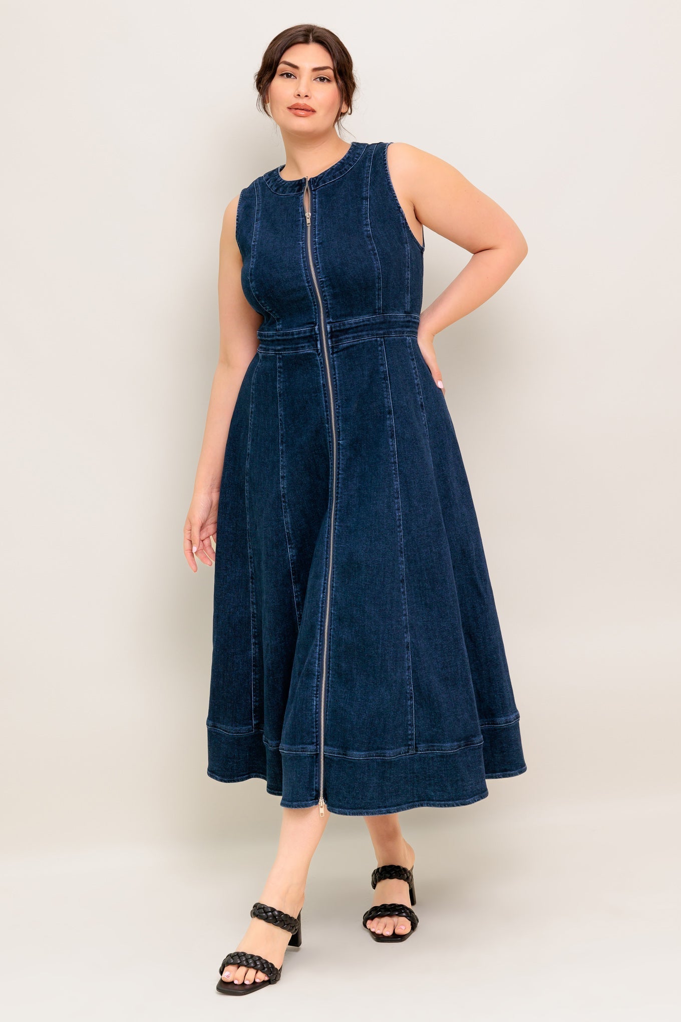 RAW BEAUTY ZIP FRONT DENIM MIDI DRESS