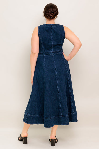RAW BEAUTY ZIP FRONT DENIM MIDI DRESS