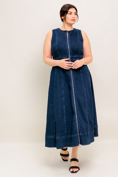 RAW BEAUTY ZIP FRONT DENIM MIDI DRESS