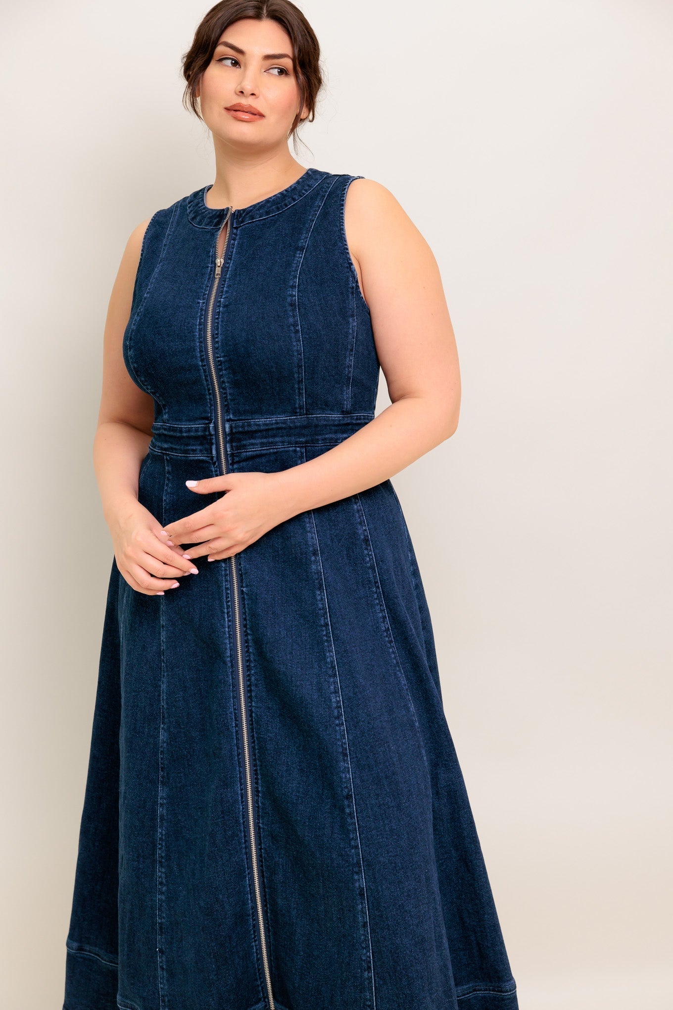 RAW BEAUTY ZIP FRONT DENIM MIDI DRESS