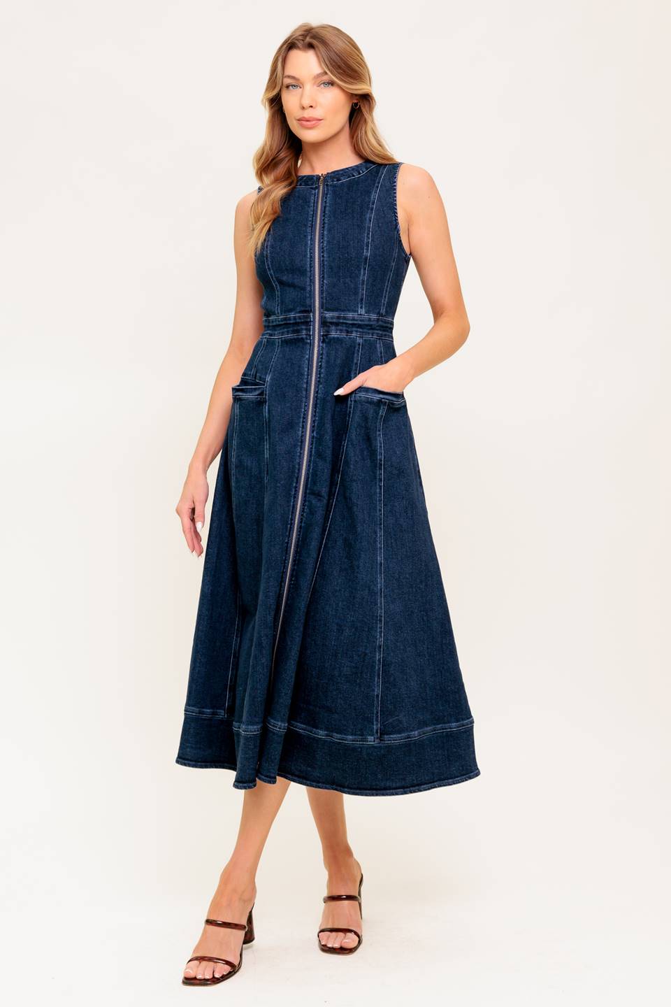 RAW BEAUTY ZIP FRONT DENIM MIDI DRESS