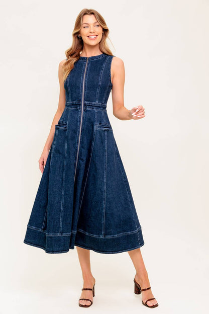 RAW BEAUTY ZIP FRONT DENIM MIDI DRESS