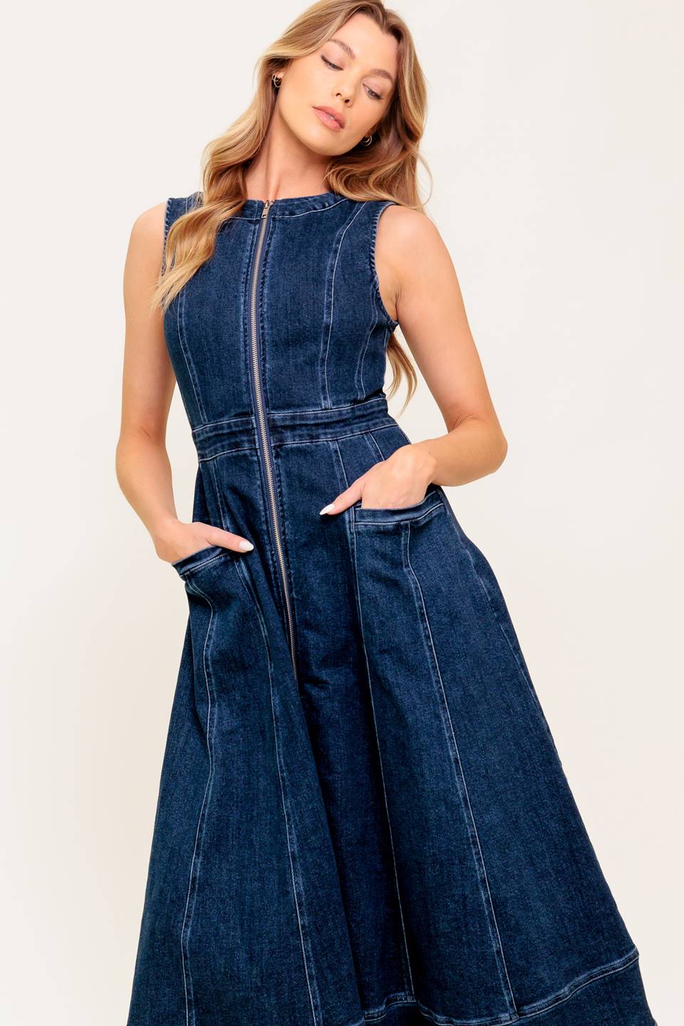 RAW BEAUTY ZIP FRONT DENIM MIDI DRESS