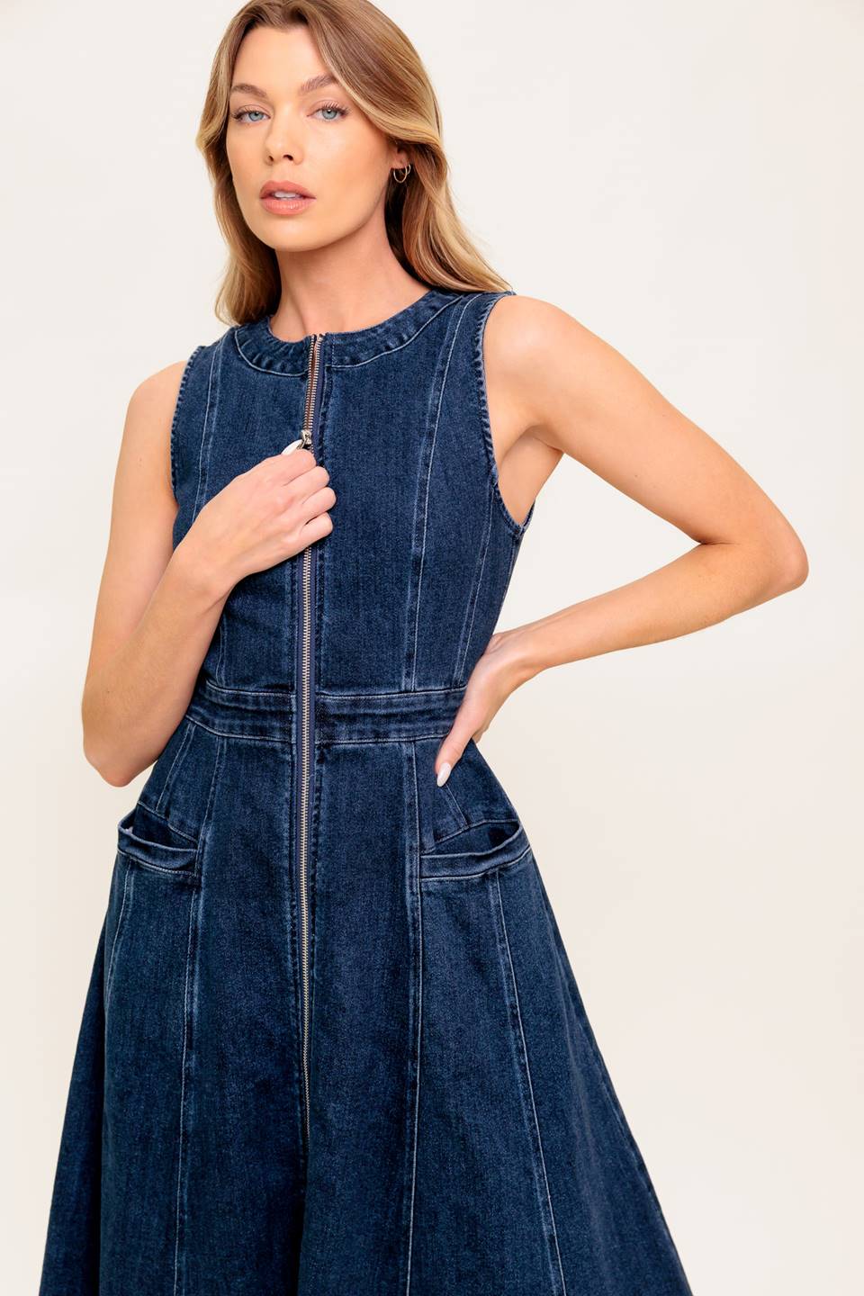 RAW BEAUTY ZIP FRONT DENIM MIDI DRESS