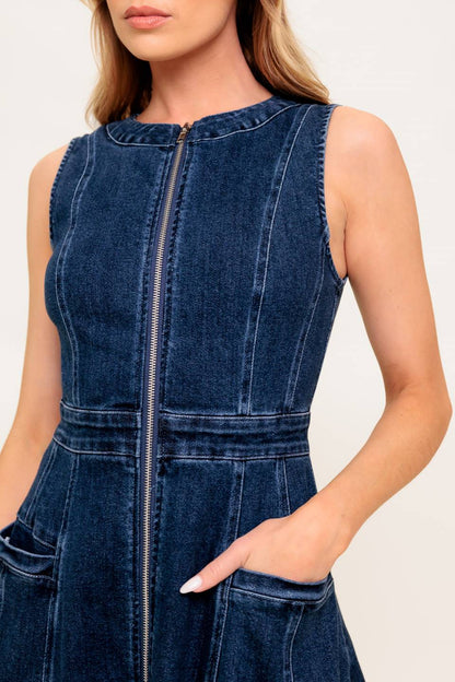 RAW BEAUTY ZIP FRONT DENIM MIDI DRESS