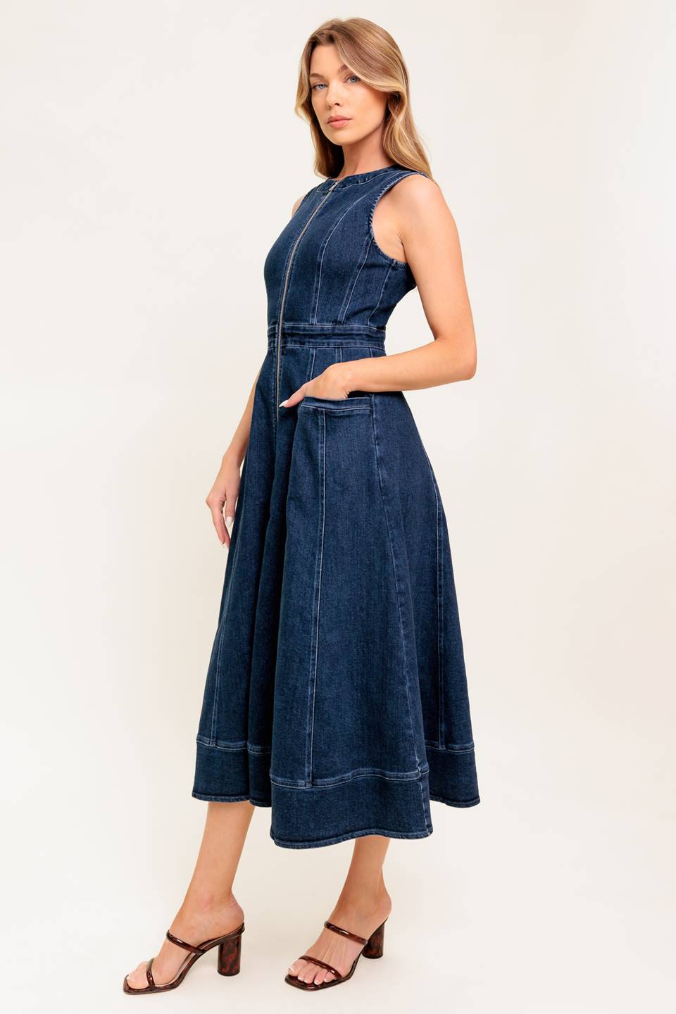 RAW BEAUTY ZIP FRONT DENIM MIDI DRESS