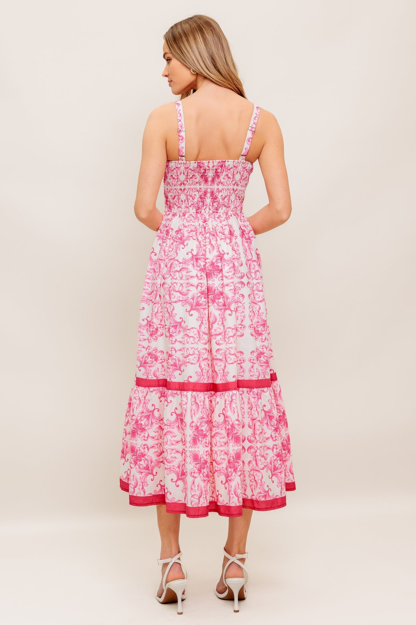 ROSALIE MIDI DRESS PINK SCROLL PRINT
