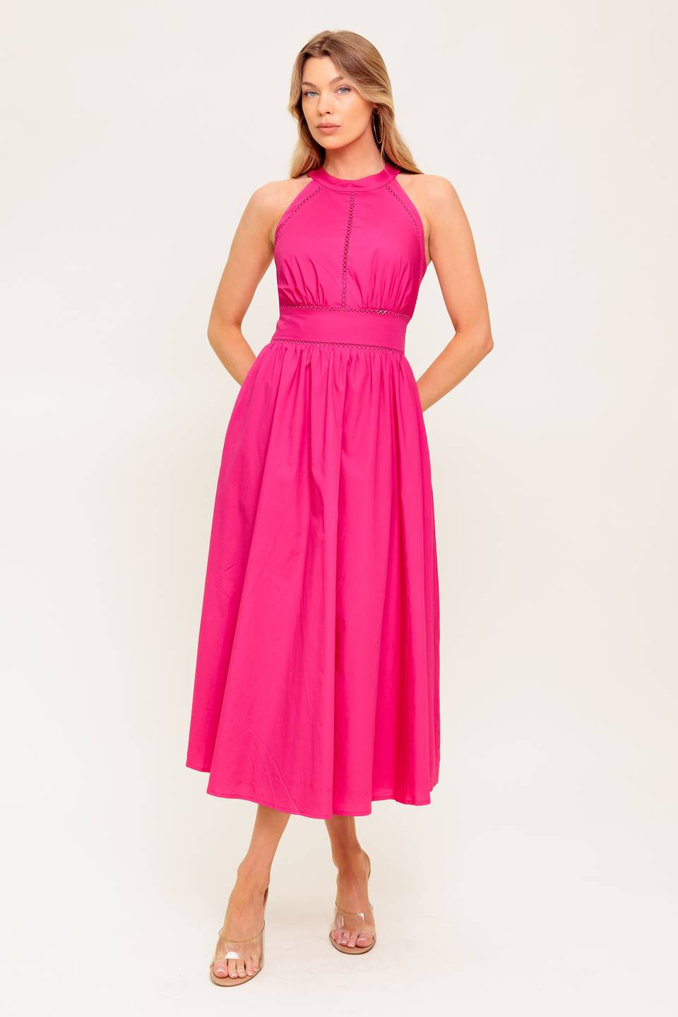 SOLEIL FUCHSIA HALTER TIE BACK MIDI DRESS