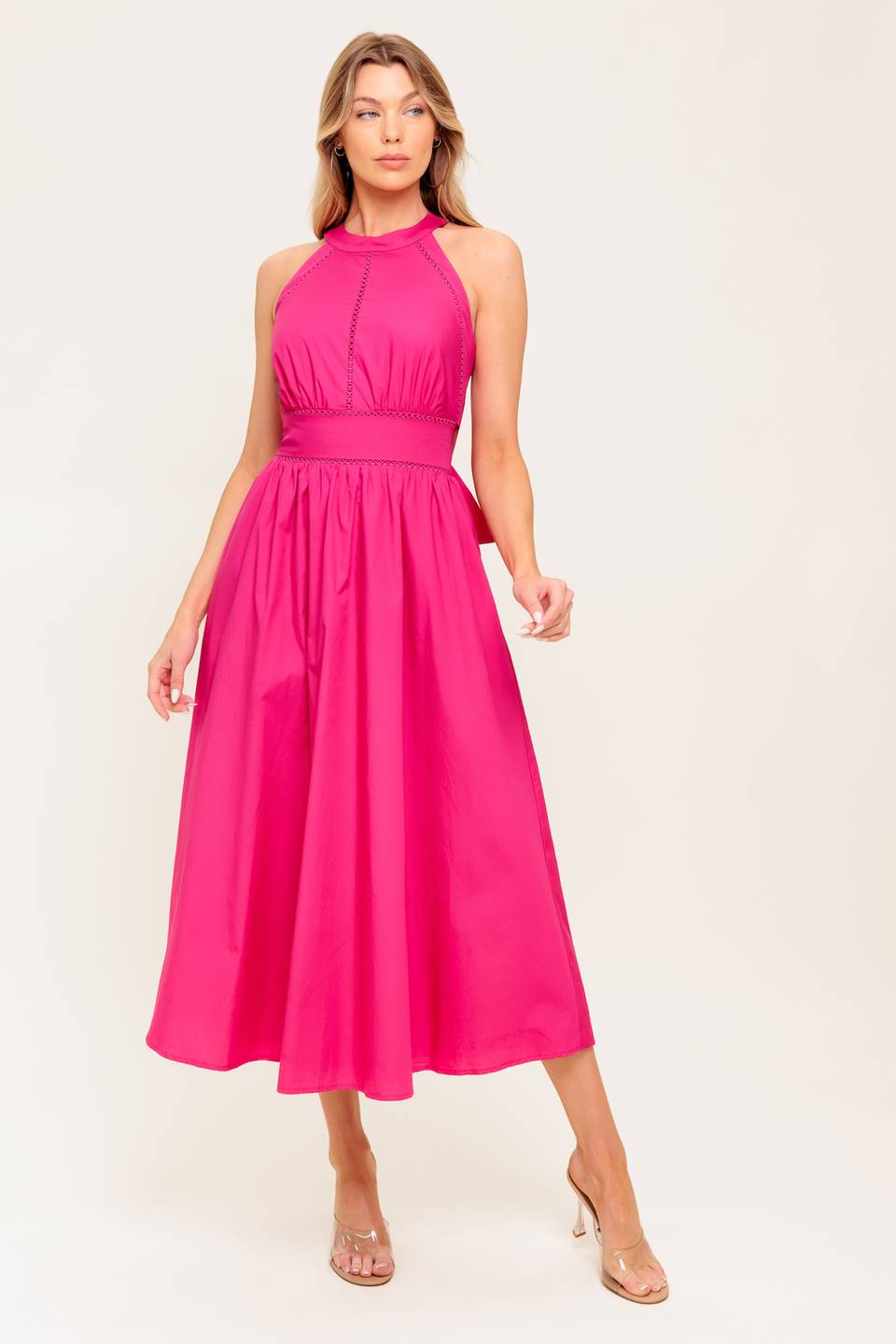 SOLEIL FUCHSIA HALTER TIE BACK MIDI DRESS
