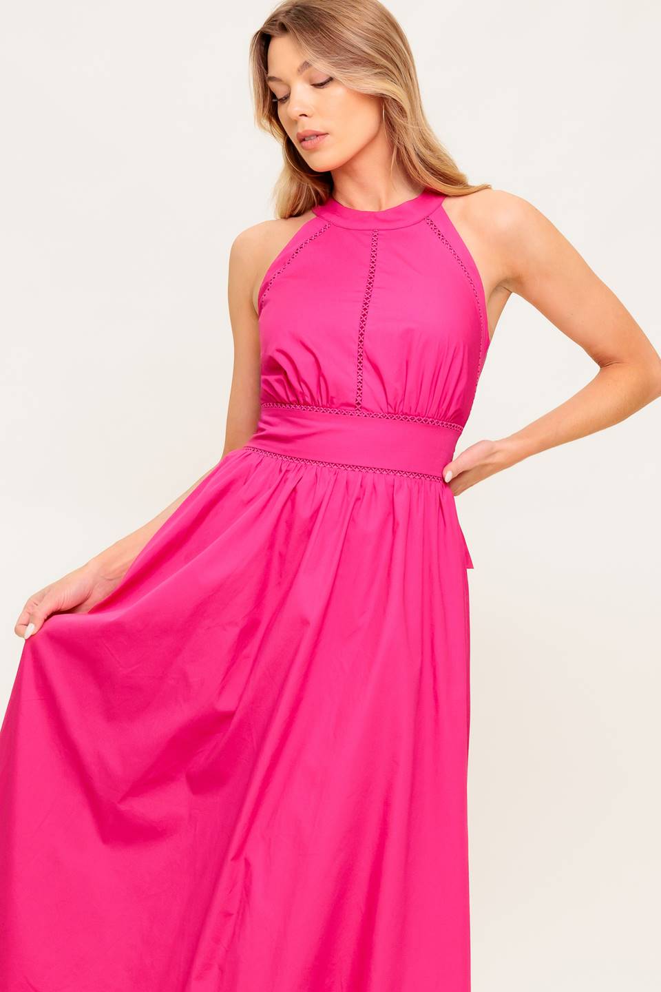 SOLEIL FUCHSIA HALTER TIE BACK MIDI DRESS