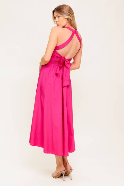 SOLEIL FUCHSIA HALTER TIE BACK MIDI DRESS