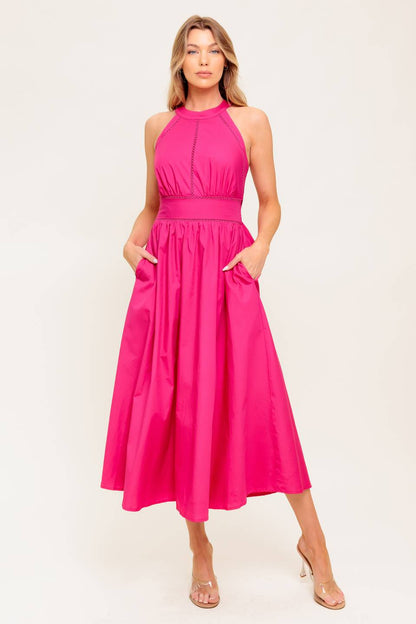 SOLEIL FUCHSIA HALTER TIE BACK MIDI DRESS