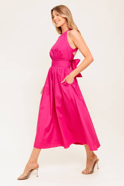 SOLEIL FUCHSIA HALTER TIE BACK MIDI DRESS