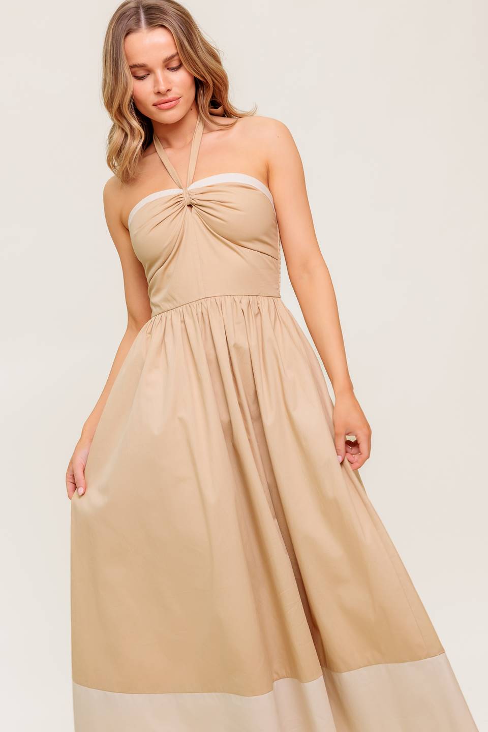HYDRANGEA HAZE HALTER MIDI DRESS TAUPE