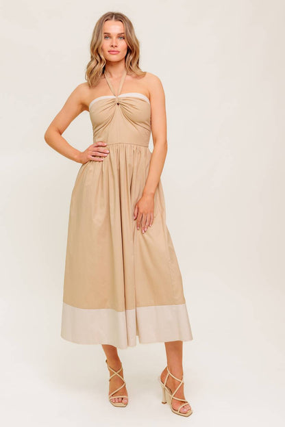 HYDRANGEA HAZE HALTER MIDI DRESS TAUPE