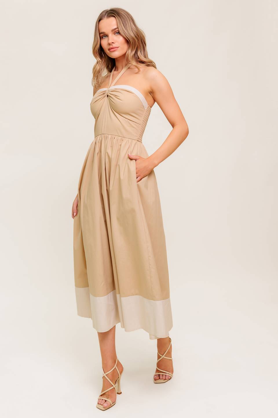 HYDRANGEA HAZE HALTER MIDI DRESS TAUPE