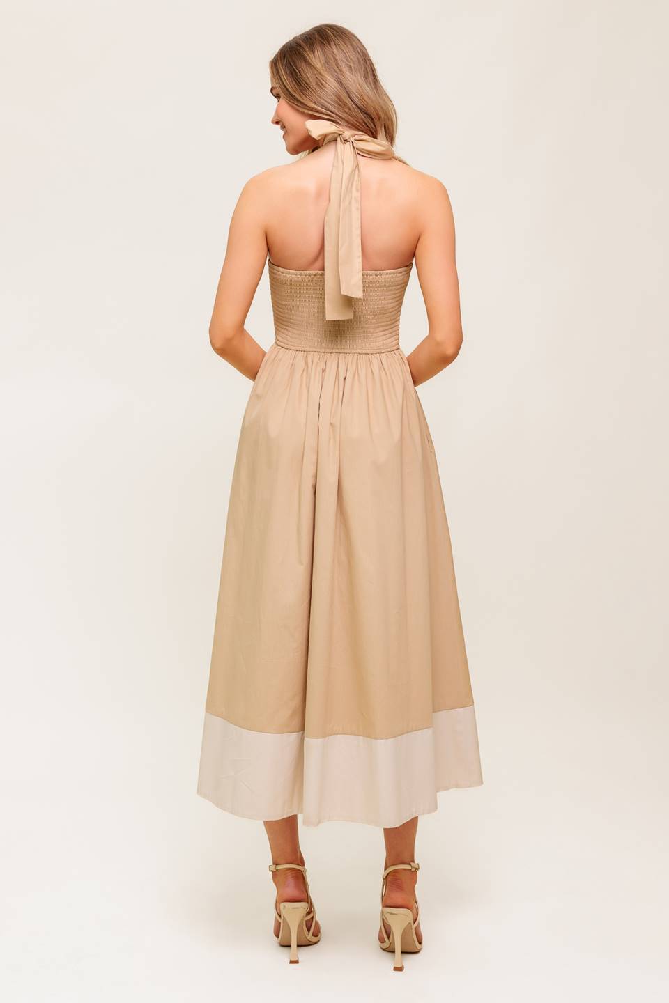 HYDRANGEA HAZE HALTER MIDI DRESS TAUPE