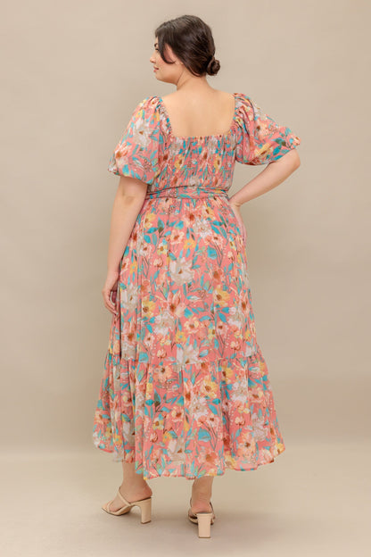 ROSY TWILIGHT FLORAL MIDI DRESS