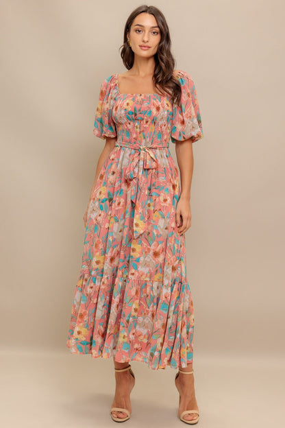 ROSY TWILIGHT FLORAL MIDI DRESS