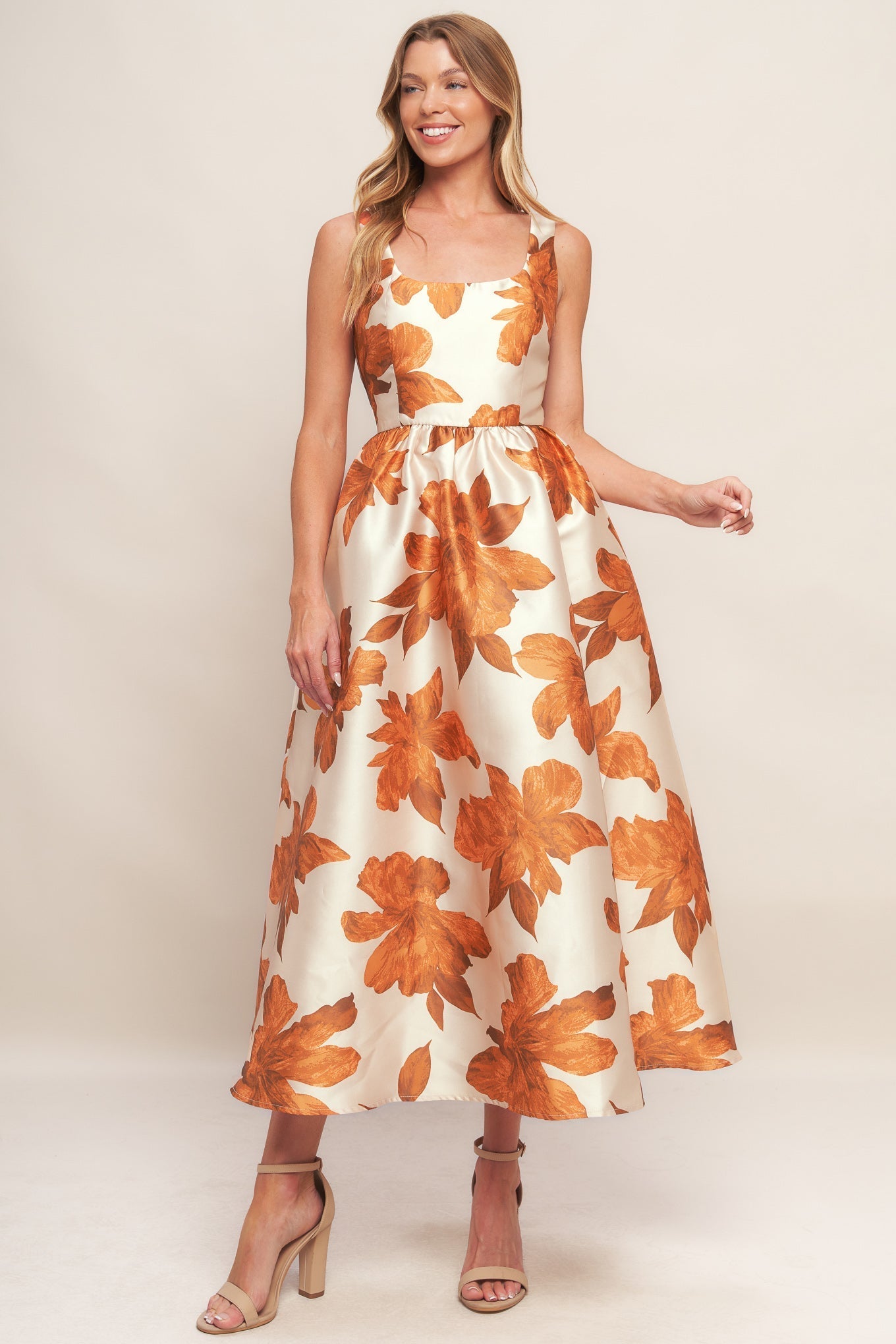 FALL FLORAL SATIN MIDI DRESS RUST