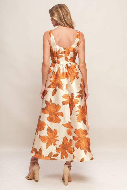 FALL FLORAL SATIN MIDI DRESS RUST