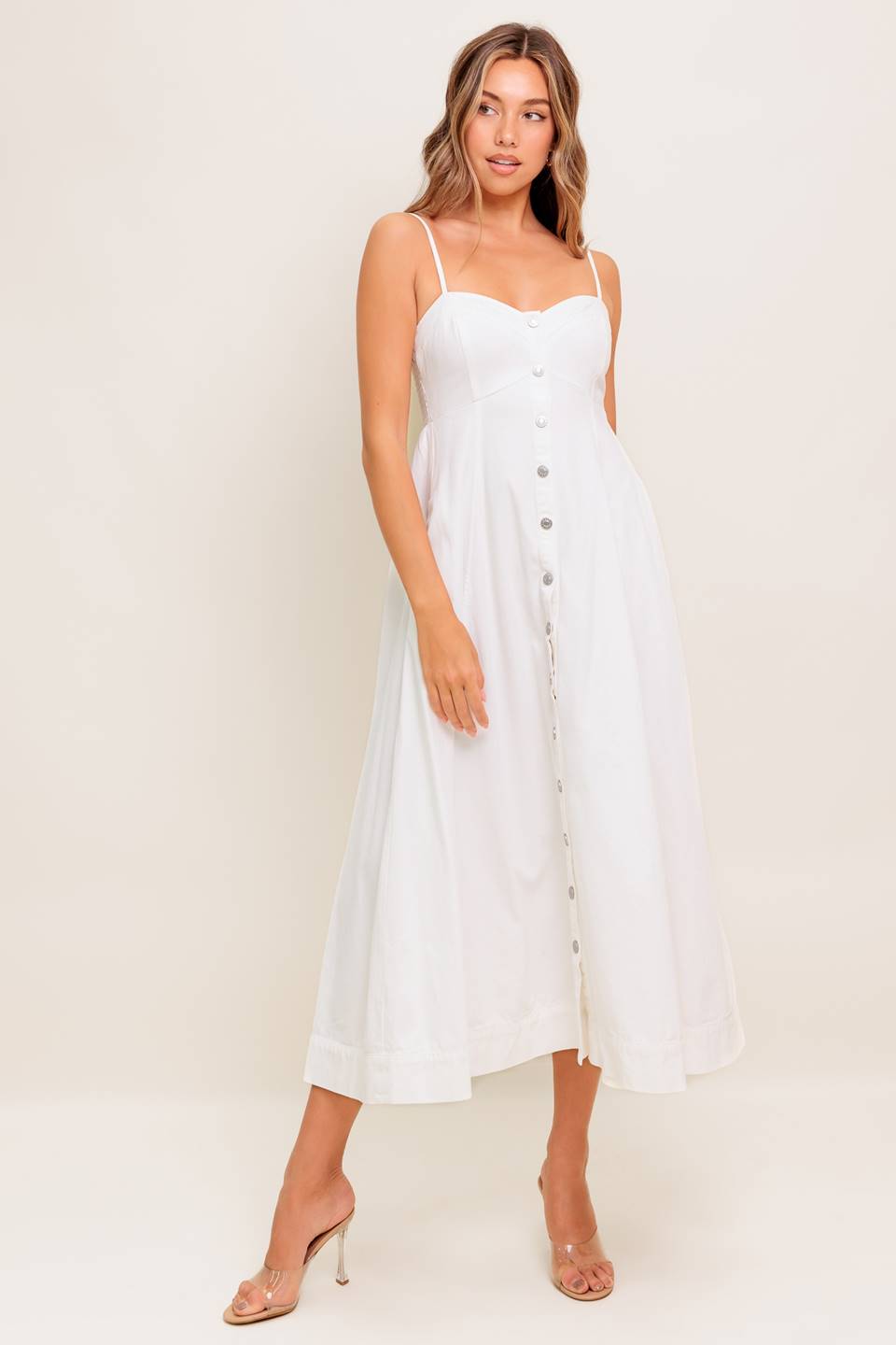BREE BUTTON DOWN MIDI DRESS WHITE