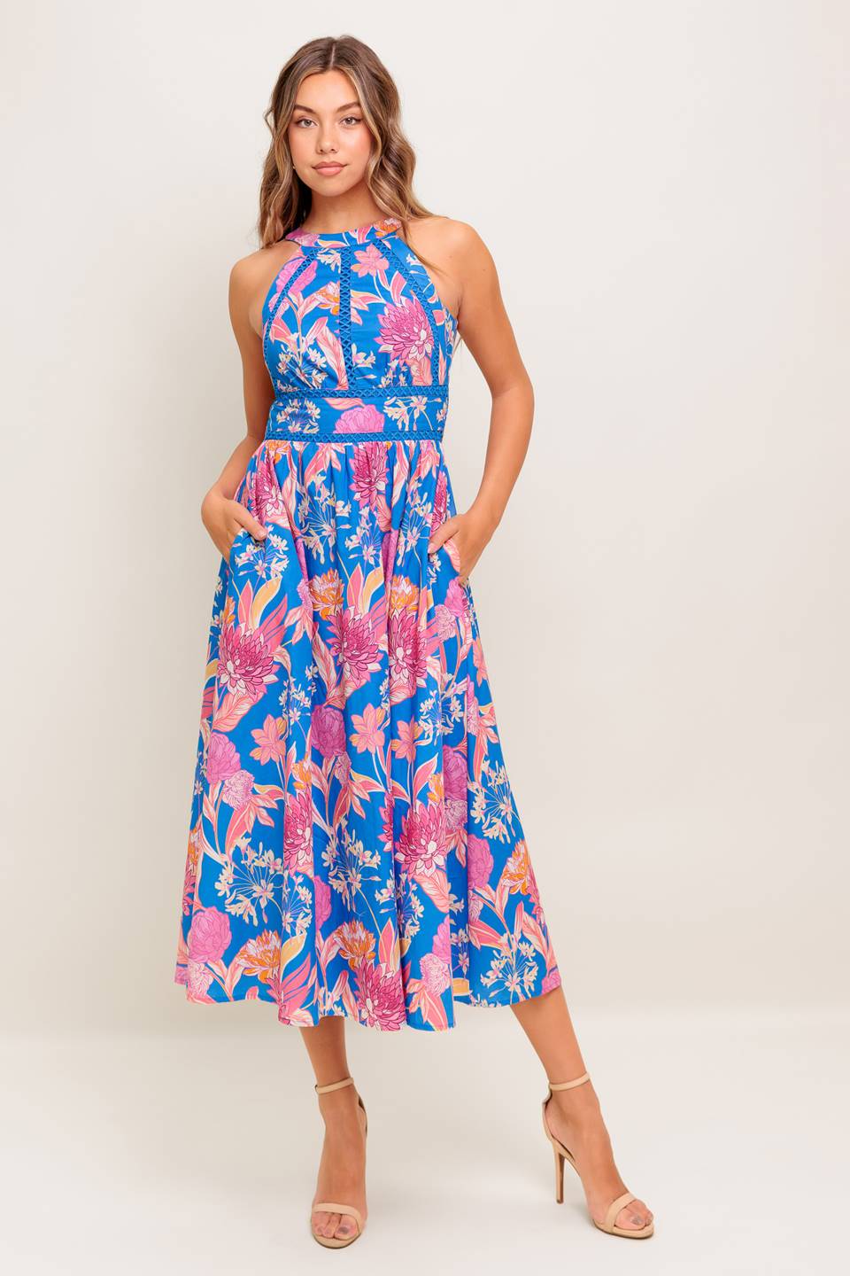 SOLANA MIDI DRESS BLUE & PINK FLORAL HALTER DRESS