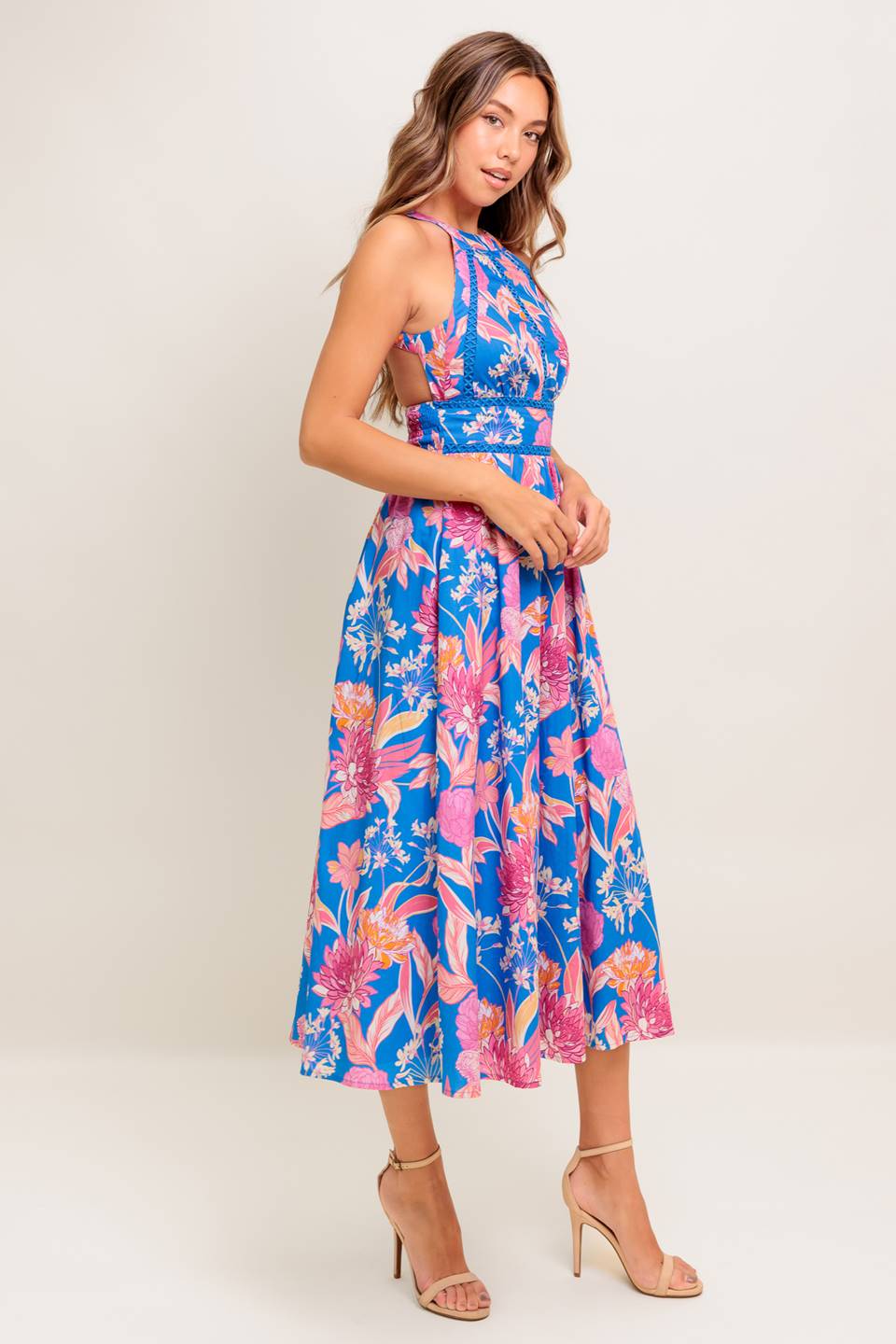 SOLANA MIDI DRESS BLUE & PINK FLORAL HALTER DRESS