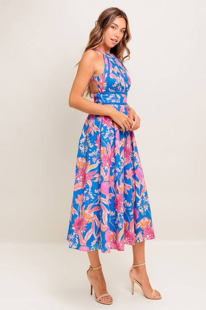 SOLANA MIDI DRESS BLUE & PINK FLORAL HALTER DRESS