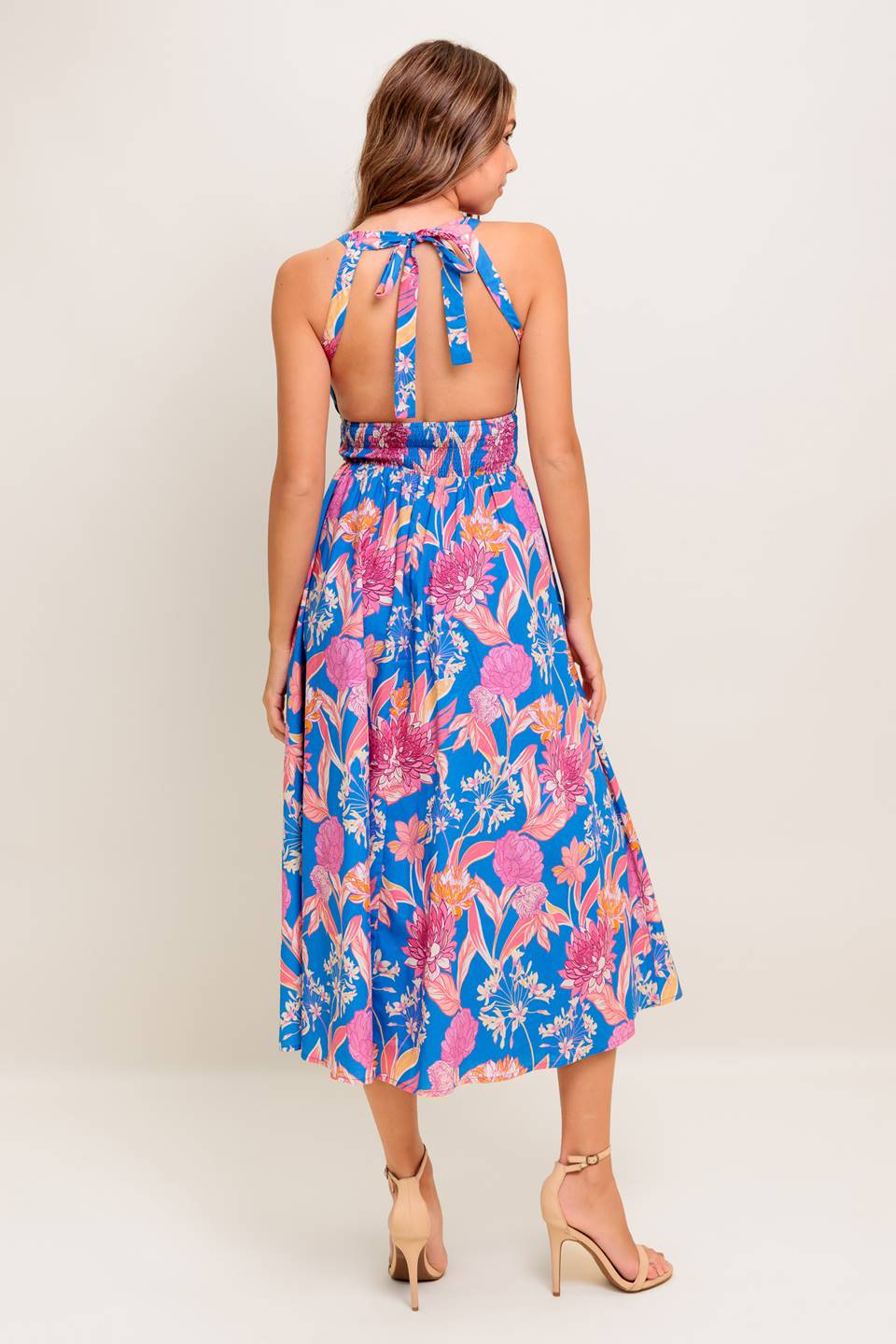 SOLANA MIDI DRESS BLUE & PINK FLORAL HALTER DRESS