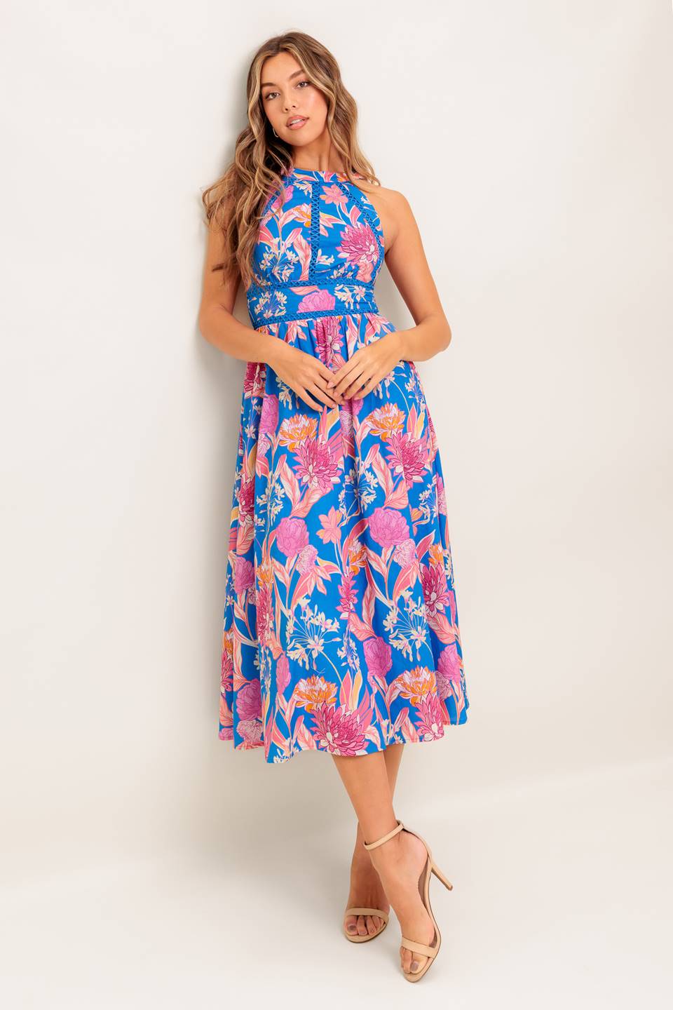 SOLANA MIDI DRESS BLUE & PINK FLORAL HALTER DRESS
