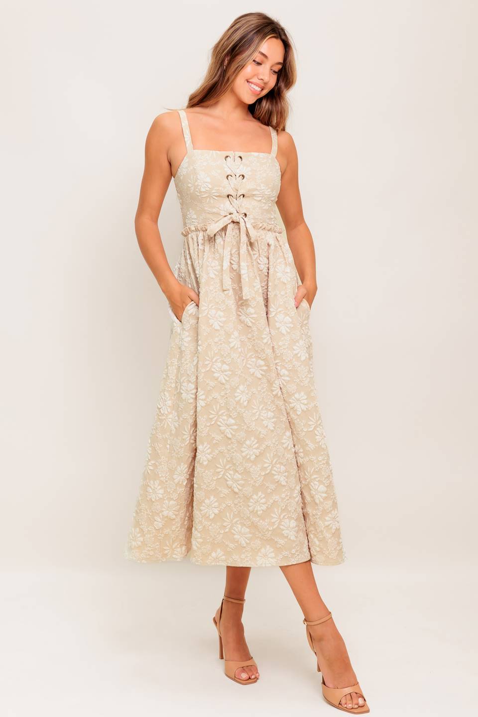 ELOISE MIDI DRESS LACE FRONT TAUPE JACQUARD DRESS