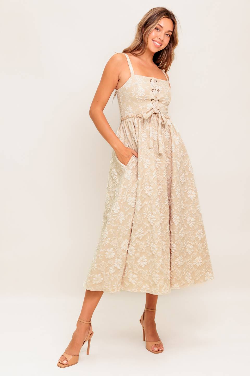 ELOISE MIDI DRESS LACE FRONT TAUPE JACQUARD DRESS