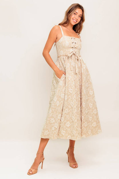 ELOISE MIDI DRESS LACE FRONT TAUPE JACQUARD DRESS