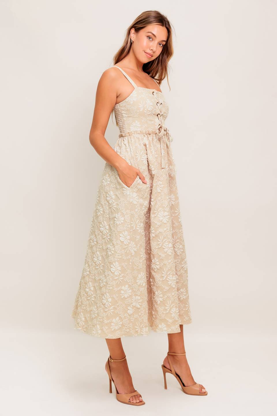 ELOISE MIDI DRESS LACE FRONT TAUPE JACQUARD DRESS