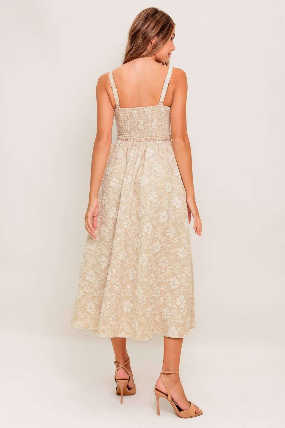 ELOISE MIDI DRESS LACE FRONT TAUPE JACQUARD DRESS